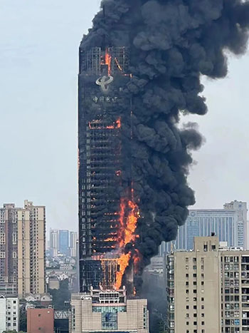 Why Insulated Panel Fire Resistance Matters:  Insulated Panel of Changsha China Telecom Building Wall in Fire Burning