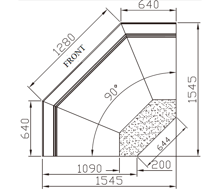 XR41BF_Horizontal_Supermarket_Fresh_Meat_Chiller_Display_Case_YW_90°_W-Shape_Outward_Corner_Vertical_View; Professional supermarket display case manufacturer, Quality Guaranteed.